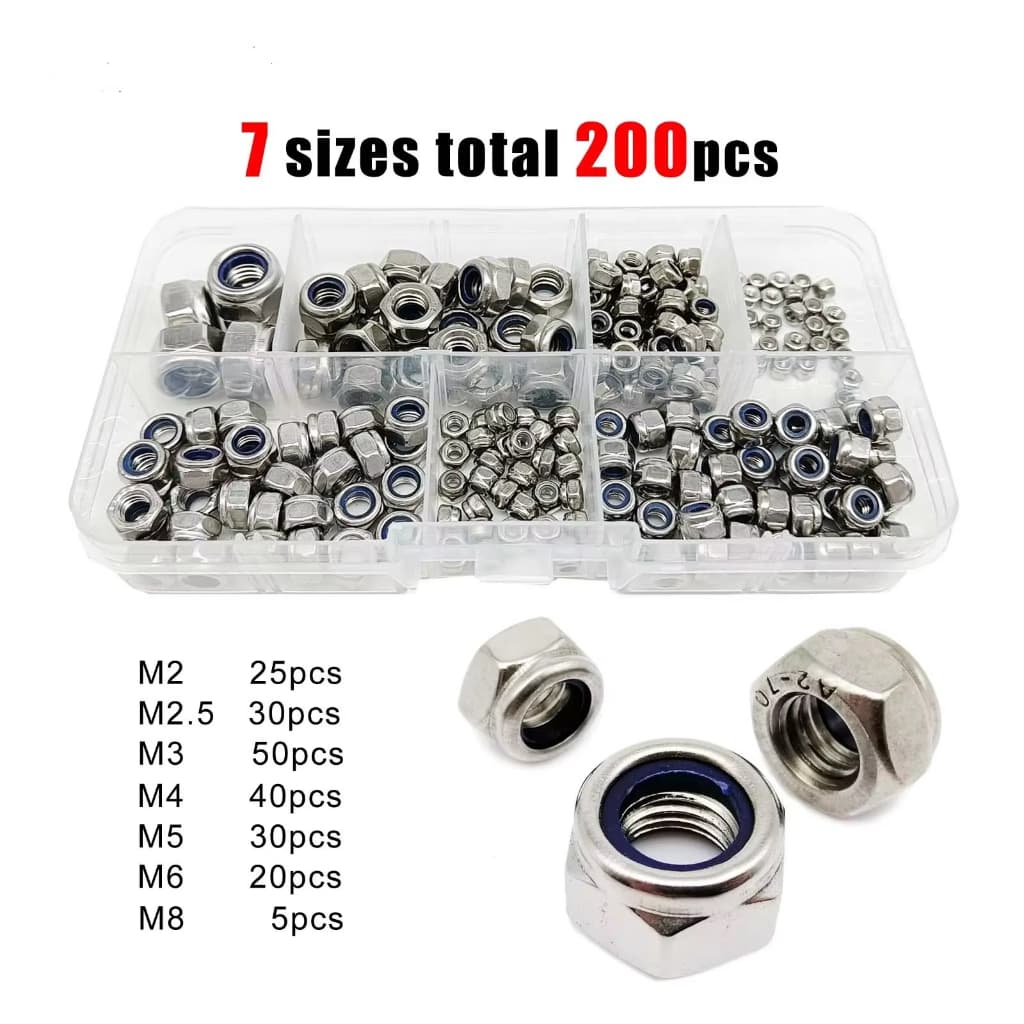 Kit 200 pcs Porcas Trava Nylon DIN 985 M2 M2.5 M3 M4 M5 M6 M8 Aço Inoxidável Auto-Bloqueio 🔩💪
