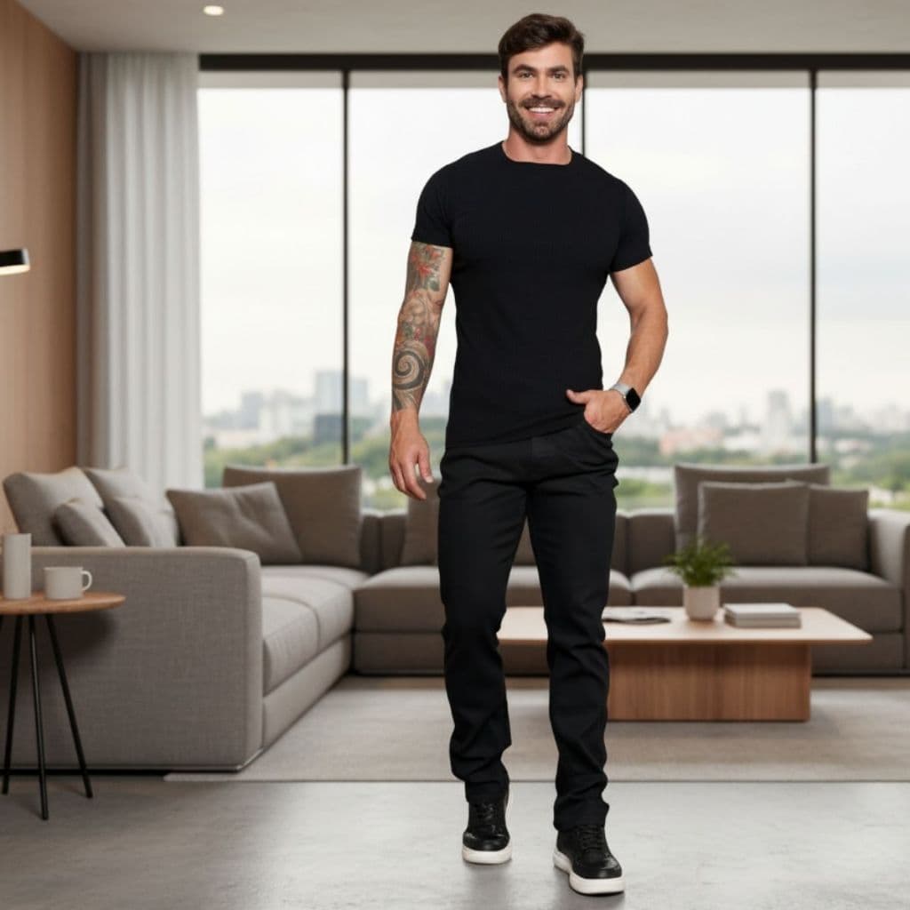 Calça Jeans Preta Masculina Corte Reto Com Elastano Casual Bolsos Funcionais
