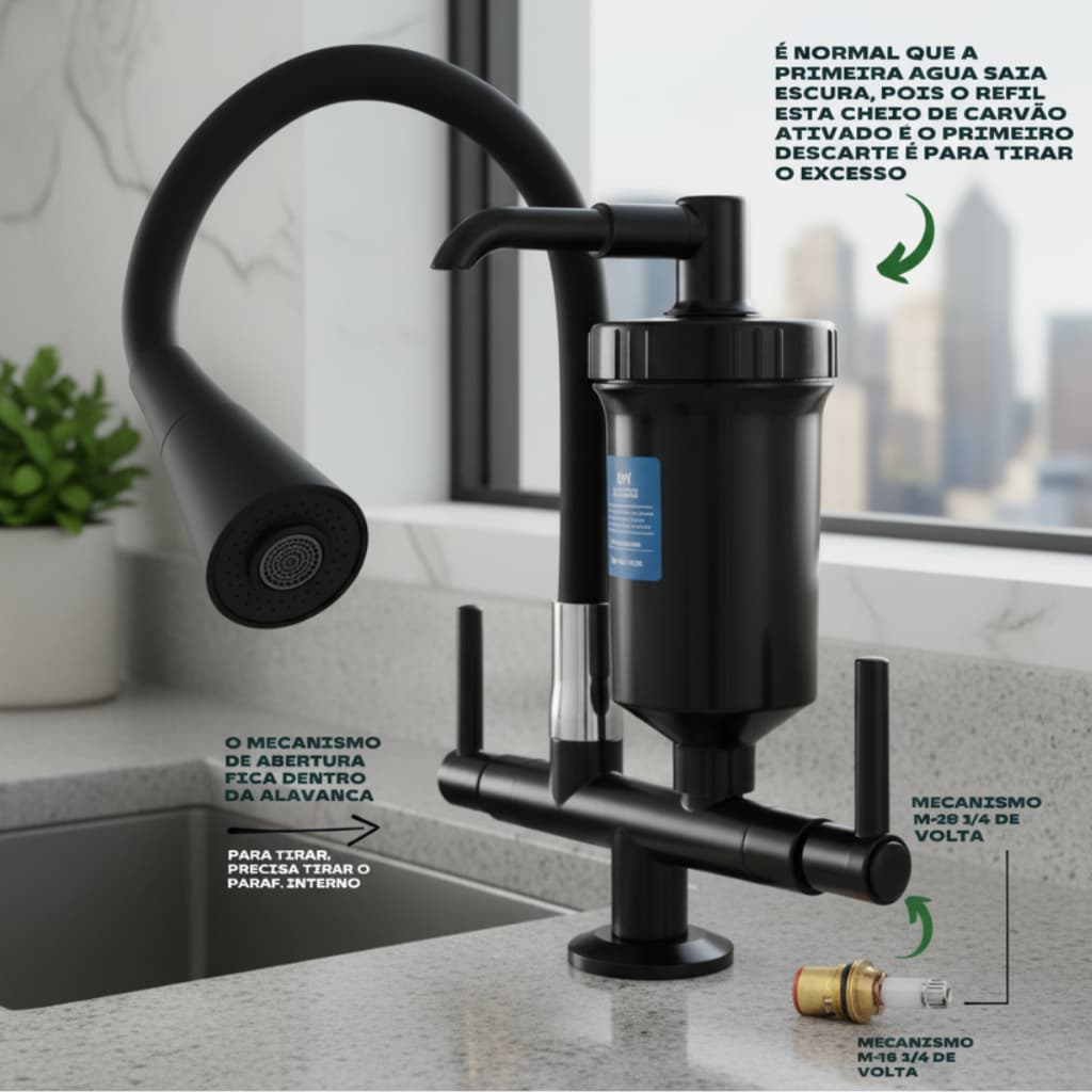 Torneira Cozinha com Filtro Preta Fosca Gourmet Bica Móvel Flexível Chuveirinho Bancada