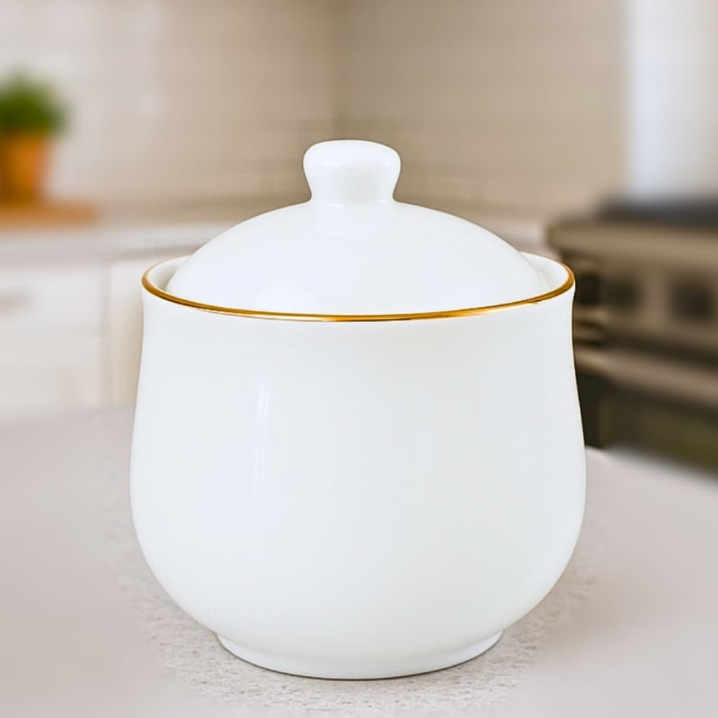 Açucareiro Royal 300ml Porcelana Branca Com Borda Dourada Sofisticada - Hauskraft
