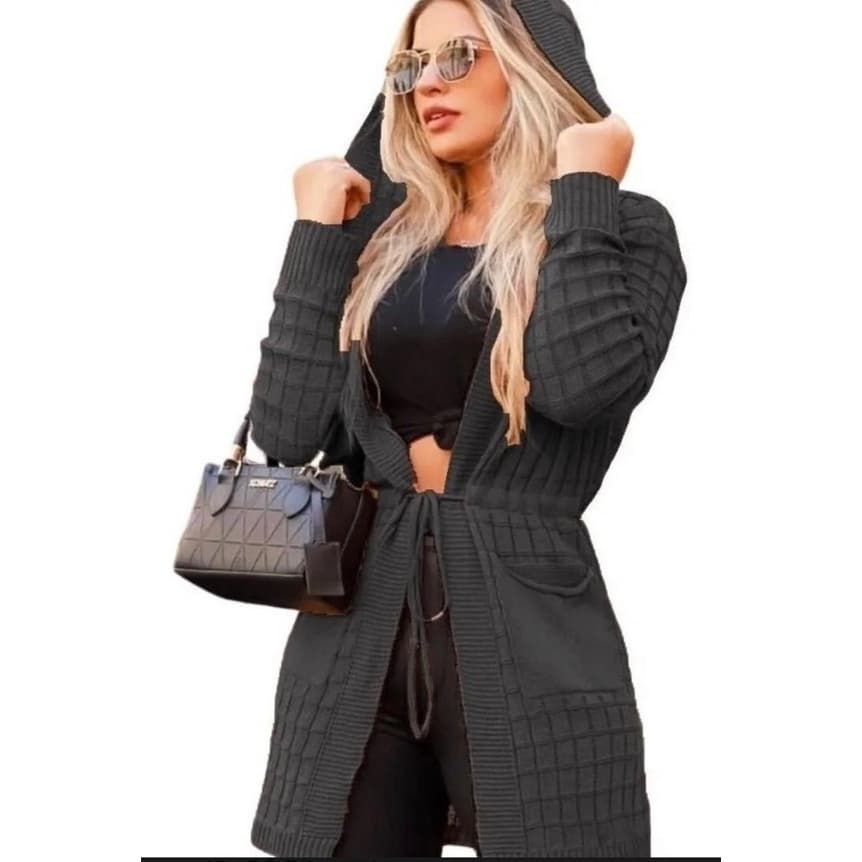 Cardigan Longo Feminino Tricot Canelado com Capuz e Amarração na Cintura - Outono/Inverno