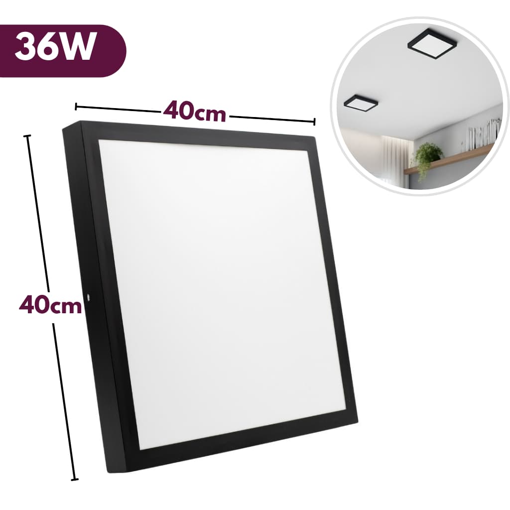 Luminária Plafon Led 36W 40x40cm Preto Quadrado Sobrepor Luz Branco Frio 6500K Bivolt