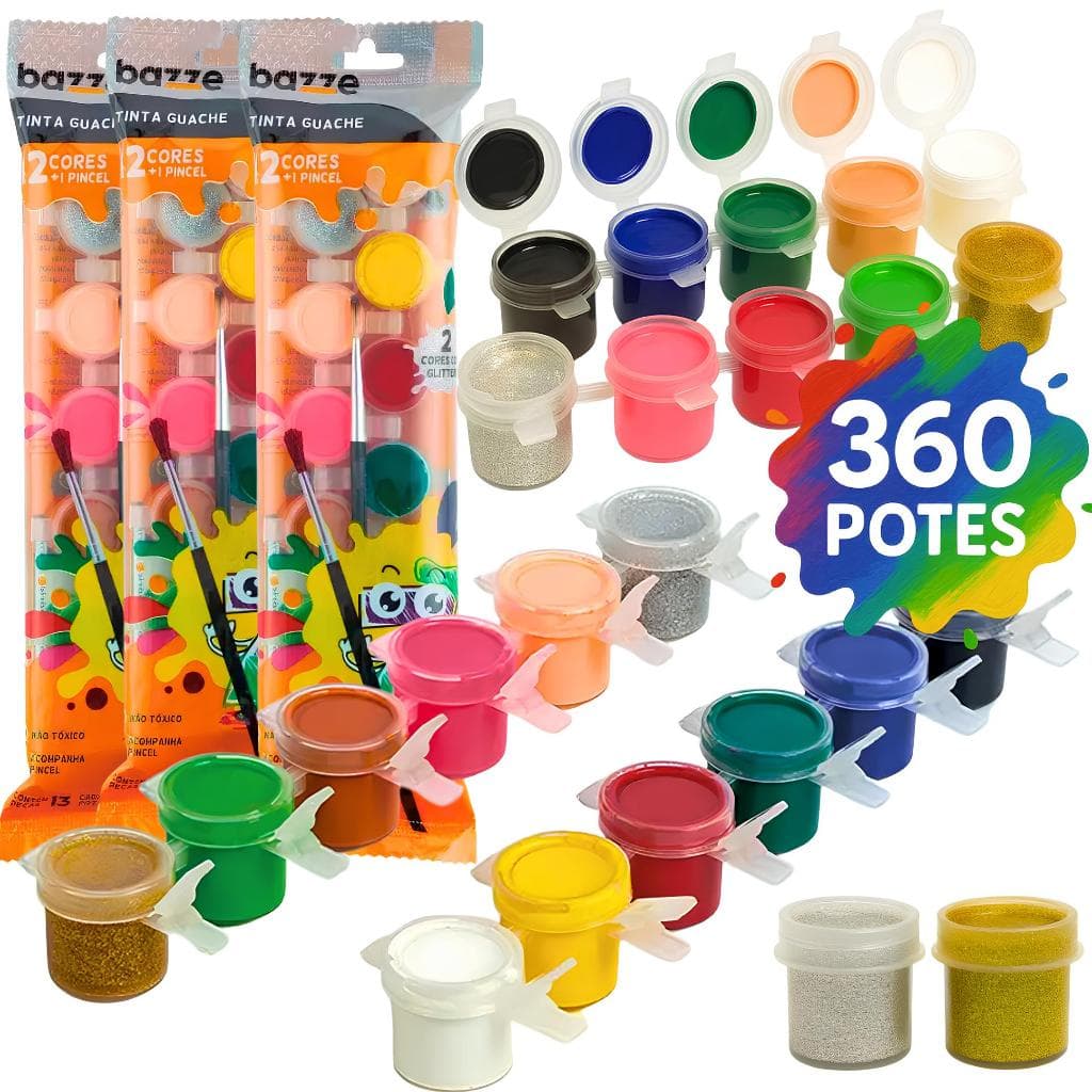 Kit 360 Potinhos Tinta Guache Lembrancinha Festa Escola Pintura Aquarela 30 Pacotes Com 12 Cores Cada + Pincéis