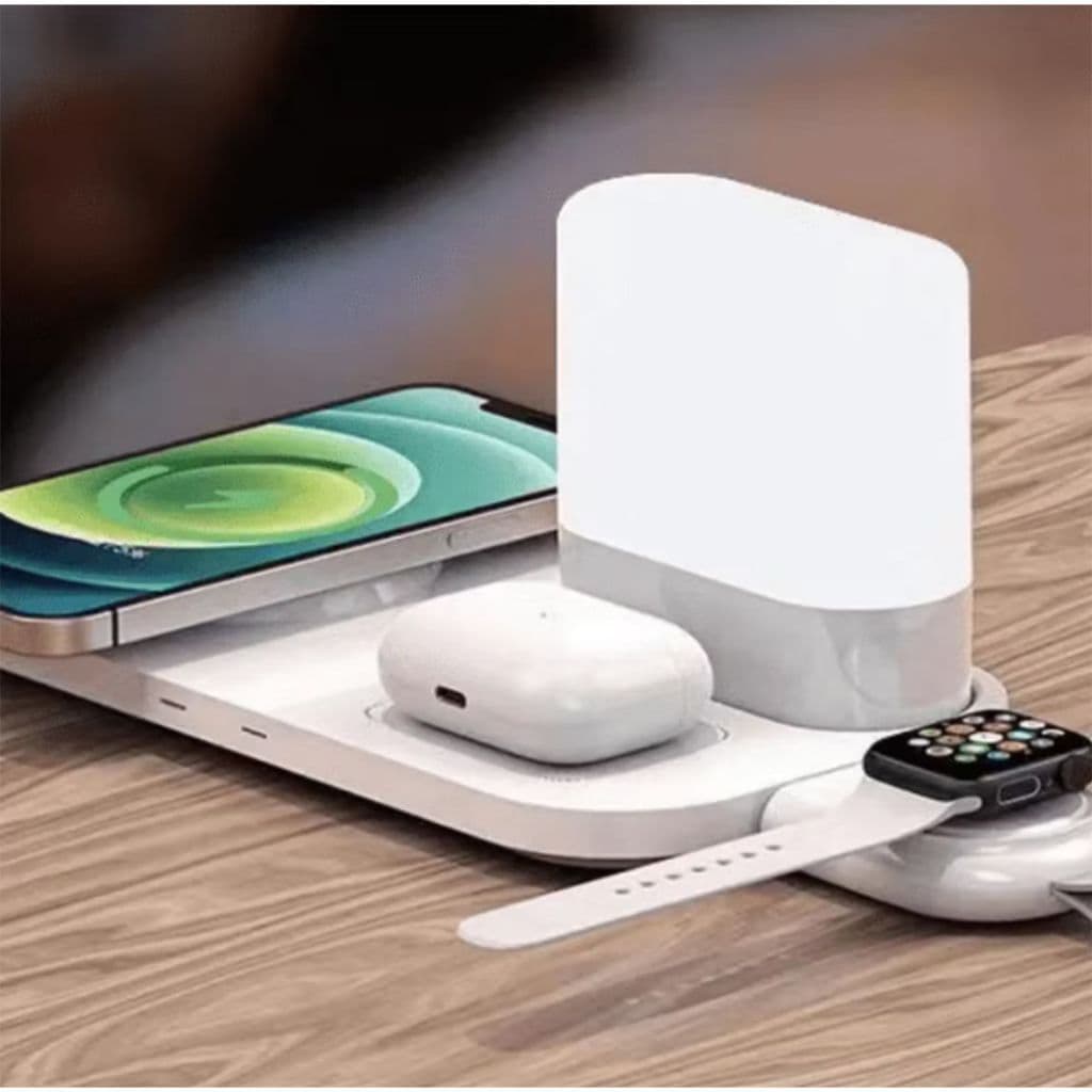 CARREGADOR POR INDUÇÃO SEM FIO 15W 4 EM 1 TOUCH COM ABAJUR PARA CELULAR AIRPODS E APPLE WATCH FW05