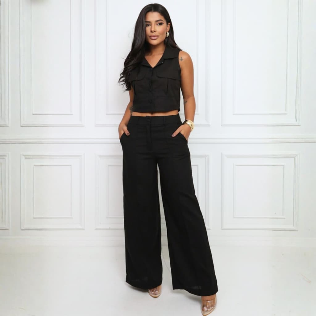 Conjunto Linho Colete E Calça Cintura Alta Elegante Feminino