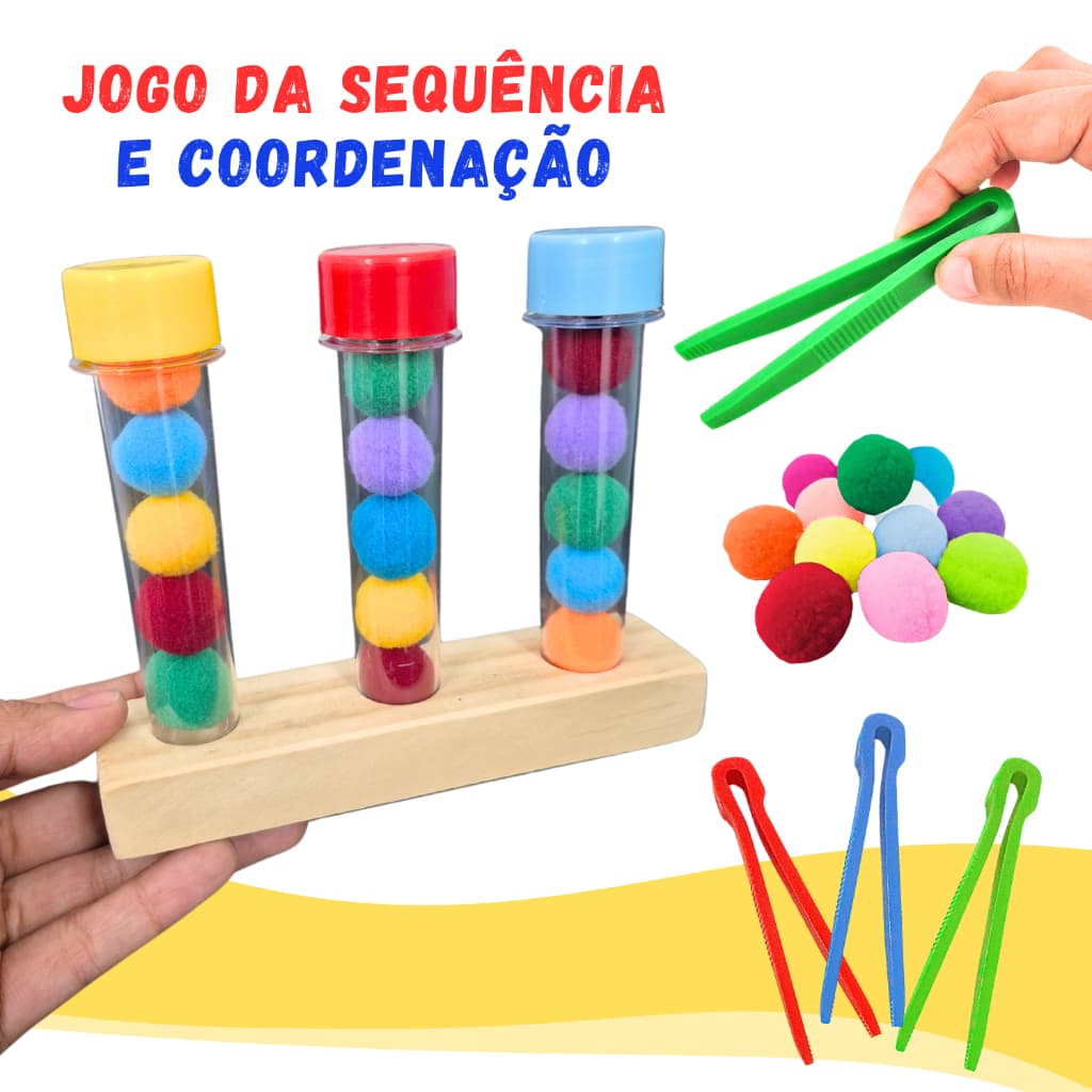 Jogo de Tubetes Sequência: Pinça + Pompons + Tubetes + Cartões Coordenação Motora