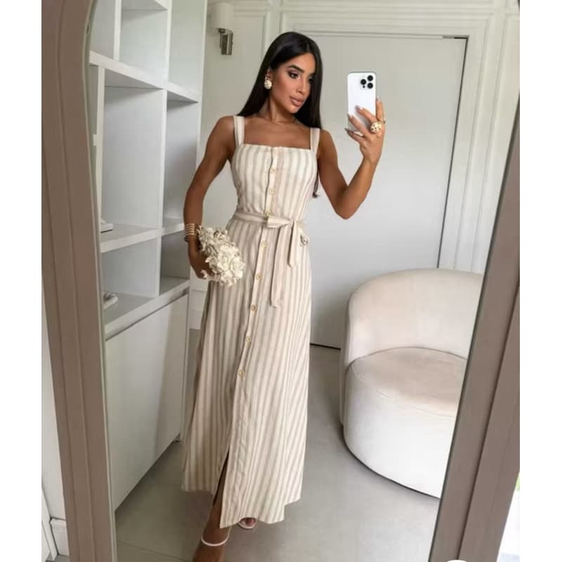 Vestido Longo Melody Liso Com Botões frontais Forrado Tecido Linho Premium
