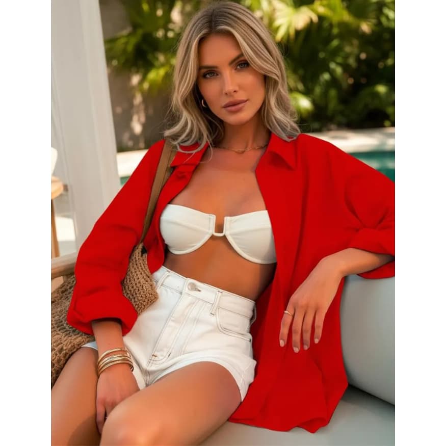 Chemise Branca Manga Longa Vestido Piscina Saida de Praia Feminina Bolso Verão