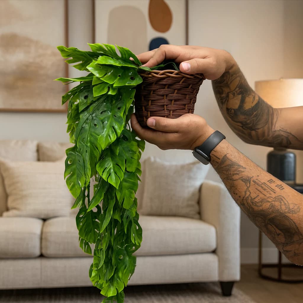 Planta Decorativa: Vasos Trançado Marrom + Pendentes Artificial Folhas De Adão