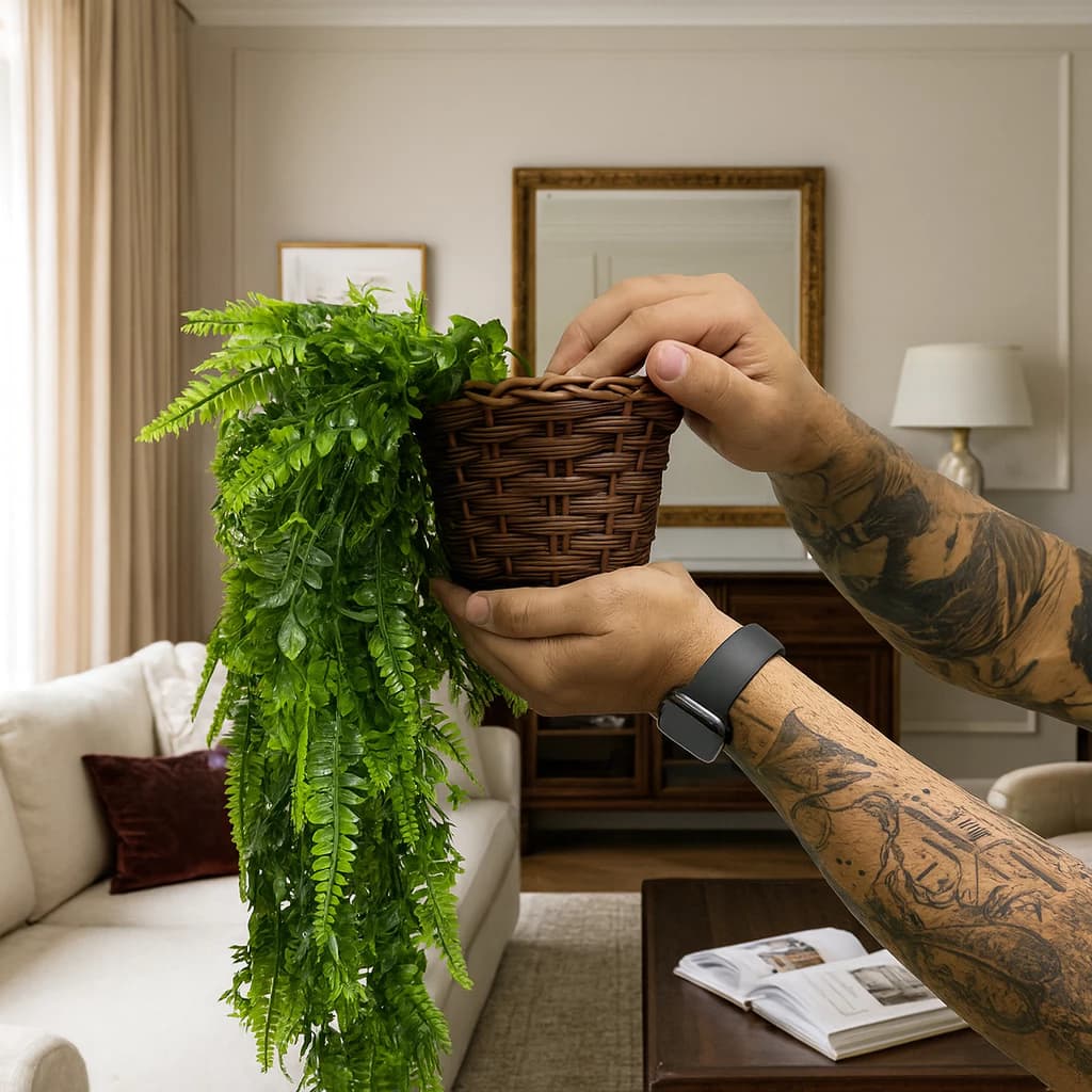 Kit Planta Decorativa: 2 Vasos Trançado Marrom + 2 Pendentes Artificial Folhas De Samambaia C/ Eucalipto