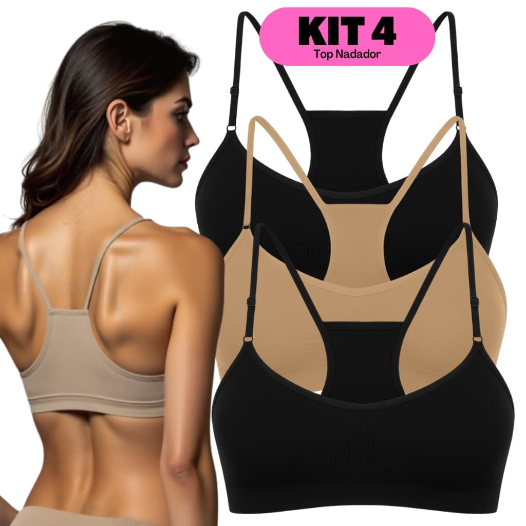 Kit 4: Sutiã Top Nadador Sem Costura Microfibra Com Alças Finas Reguláveis Sem Bojo Zee Rucci