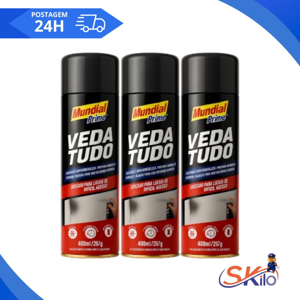 KIT COM 3 Spray Veda Tudo Borracha Líquida Impermeabilizante 400ml – Mundial Prime Vedatudo Spray Impermeável Multiuso