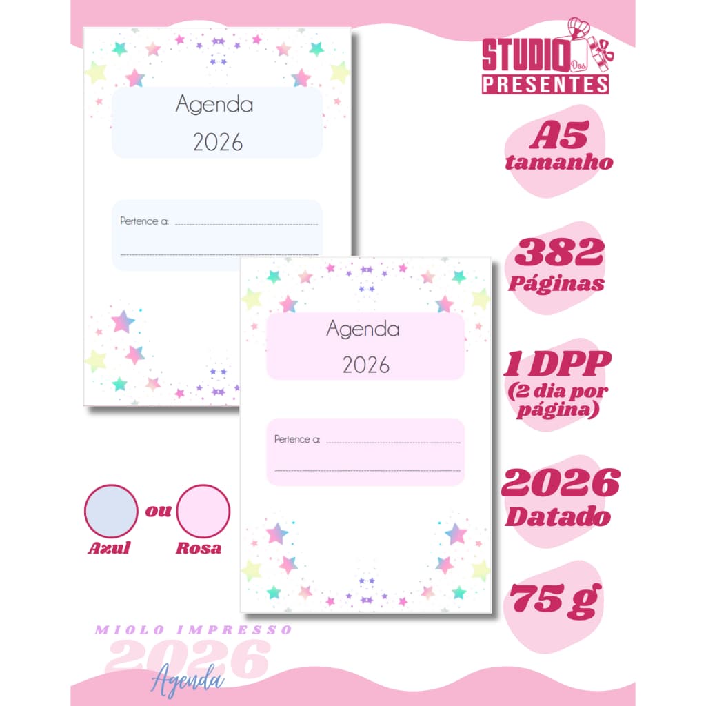 kit 3 miolos agenda 2026 com versiculos biblicos 1 dia por pagina azul / rosa, clean impressao alta qualidade pigmentada