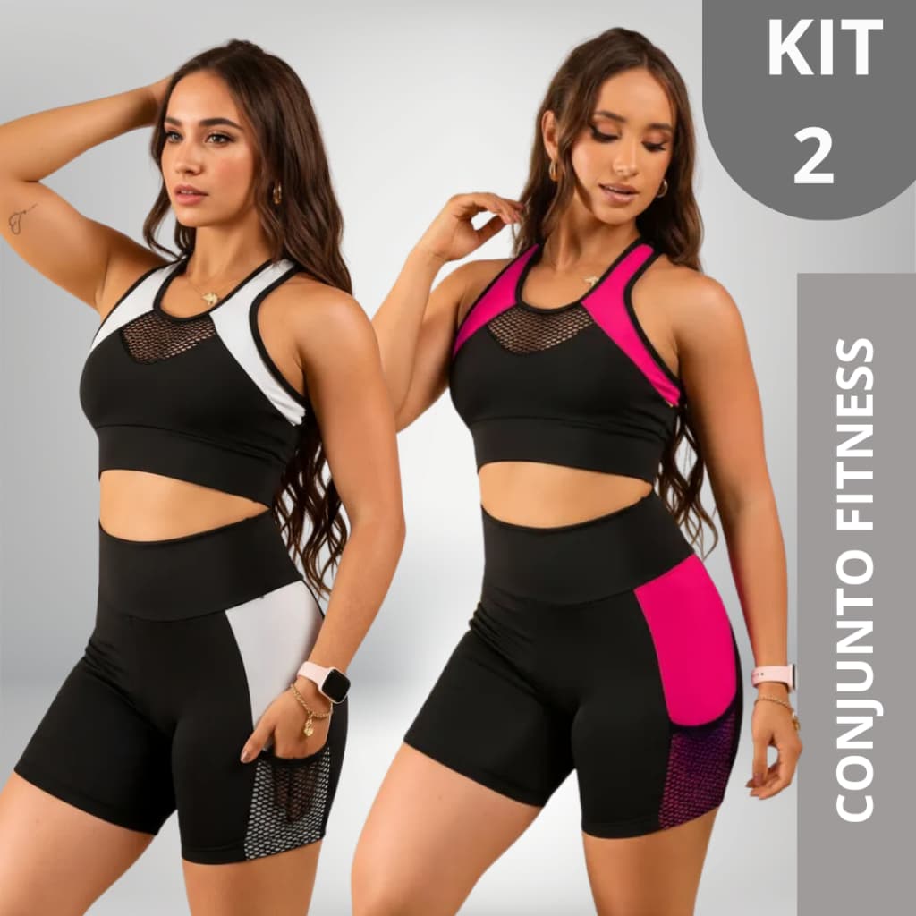 Kit 2 Conjunto Feminino Academia Ftness Short Bolso e Top com Transparência Suplex Moda Fitness