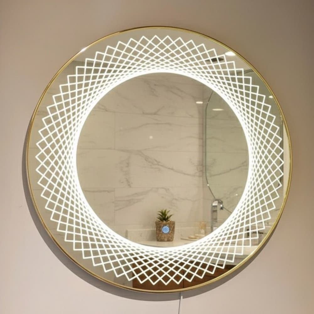 Espelho Decorativo Redondo 60cm + LED Touch e Moldura Dourada de Luxo