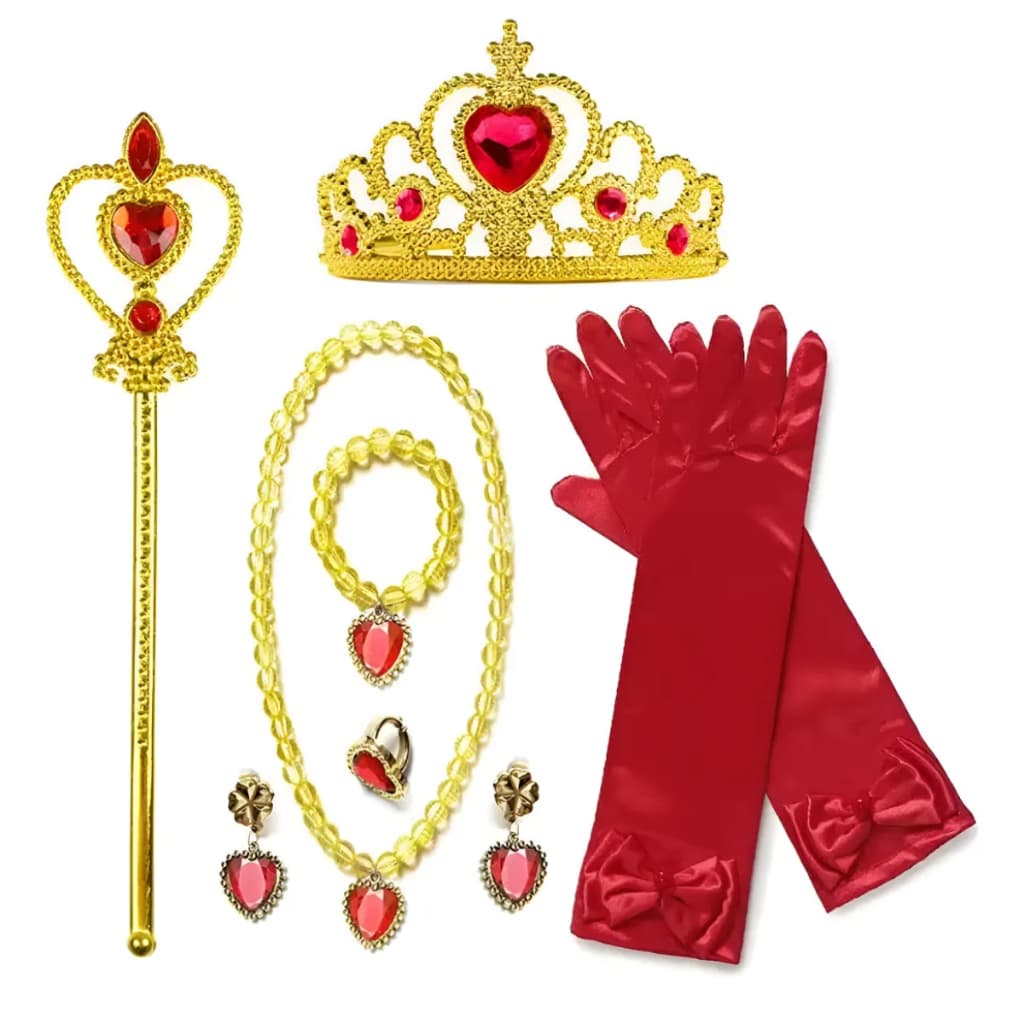 BAMBULÚA Kit Beleza Princesa Festa Branca de Neve Bela Fera Coroa Varinha Luvas Vermelho Dourado