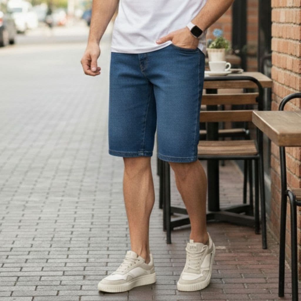Bermuda Jeans Masculina Escura Slim Tradicional com Lycra e Bolsos
