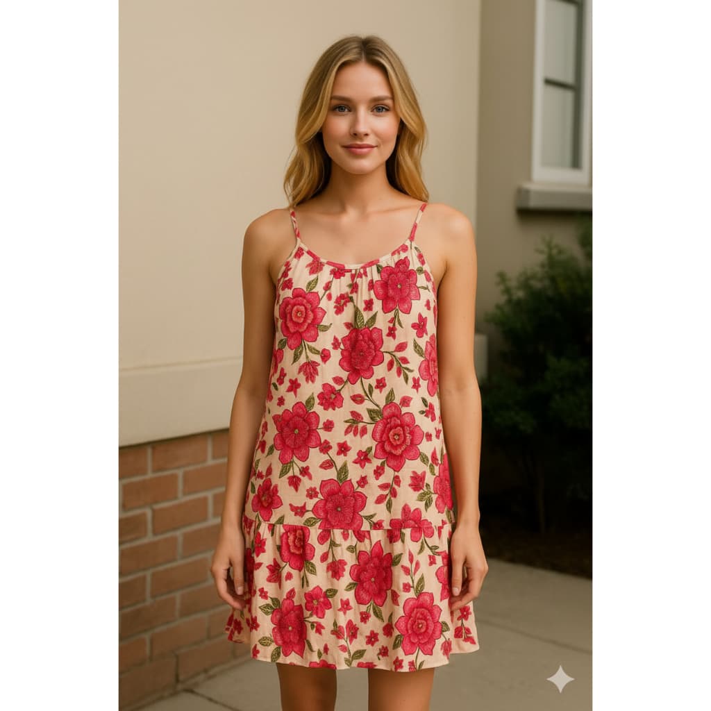 Vestido Curto 100% Viscose Estampa Floral com Rosas Vestido de Alças Finas Ciganinha