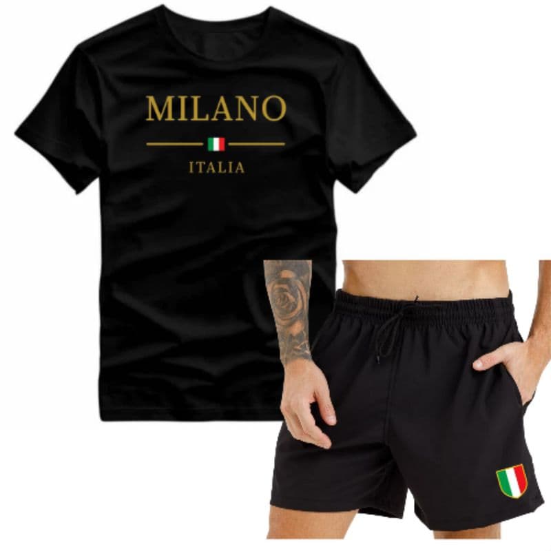 kit Conjunto Masculino Camiseta Bermuda Milano Itália Short Tectel Elastano Lançamento