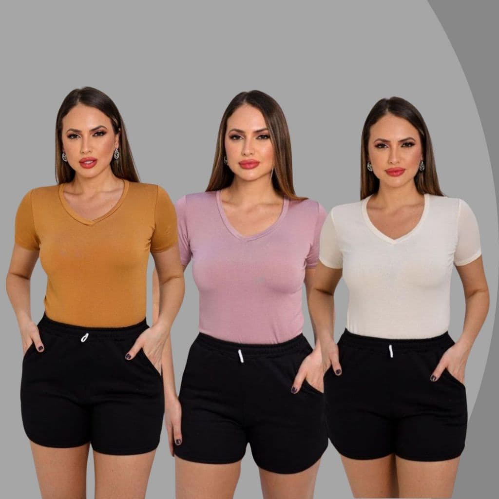 Kit 3 Blusinha Feminina T shirt  Gola V em Visco Lycra Perfeito para Qualquer Ocasião