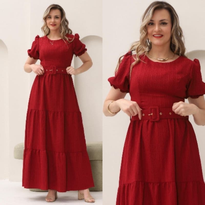 Vestido longo com manga princesa e com cinto , perfeito para todas as ocasiões