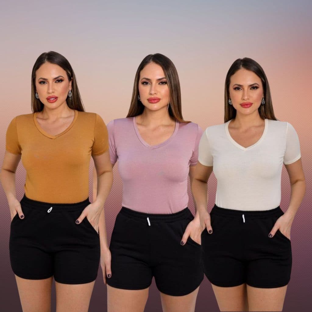 Kit 4 Blusinha Feminina T shirt  Gola V em Visco Lycra Perfeito para Qualquer Ocasião