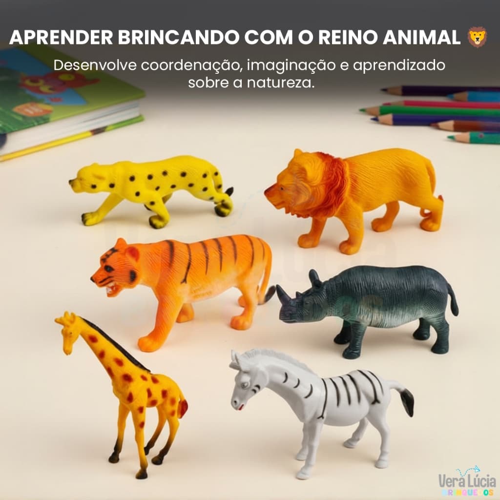 Kit 06 Animais da Selva Mini Brinquedos para Crianças de 2 anos Infantil Kit Zoológico Girafa Leão
