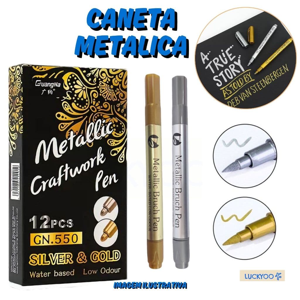 Caneta Metálica Profissional Ponta Pincel Prata/Dourada Marcador Base d'água Artesanato DIY Papelaria Escolar Escritório