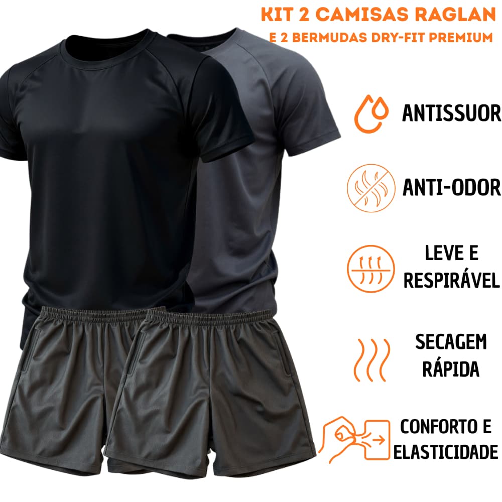 Kit 2 Camisetas Dry Fit Raglan e 2 Bermudas Curtas Dry Fit Premium Masculina Academia Treino Leve Respirável Antissuor