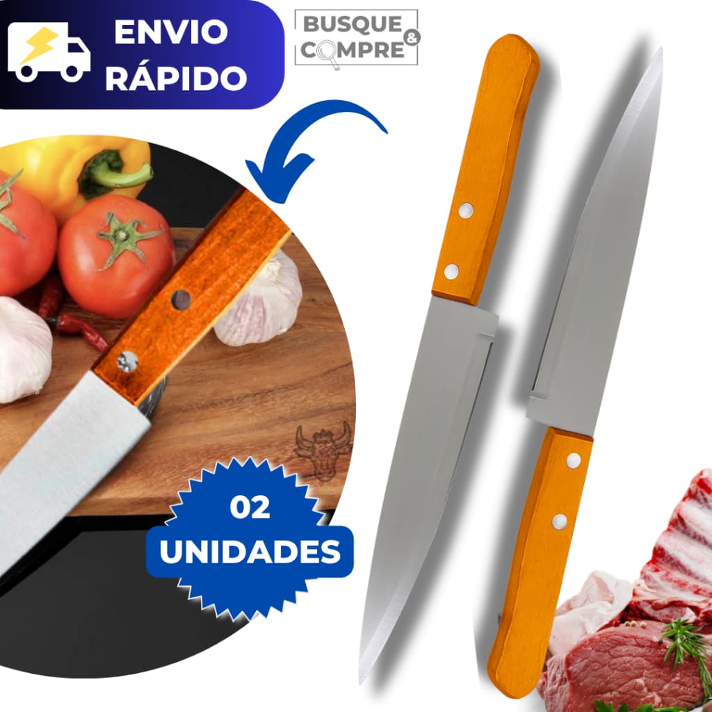 2 Facas de Cozinha de 7 Polegadas de Carne com Cabo de Madeira para Churrasco Cortes em Aço Inox Kit
