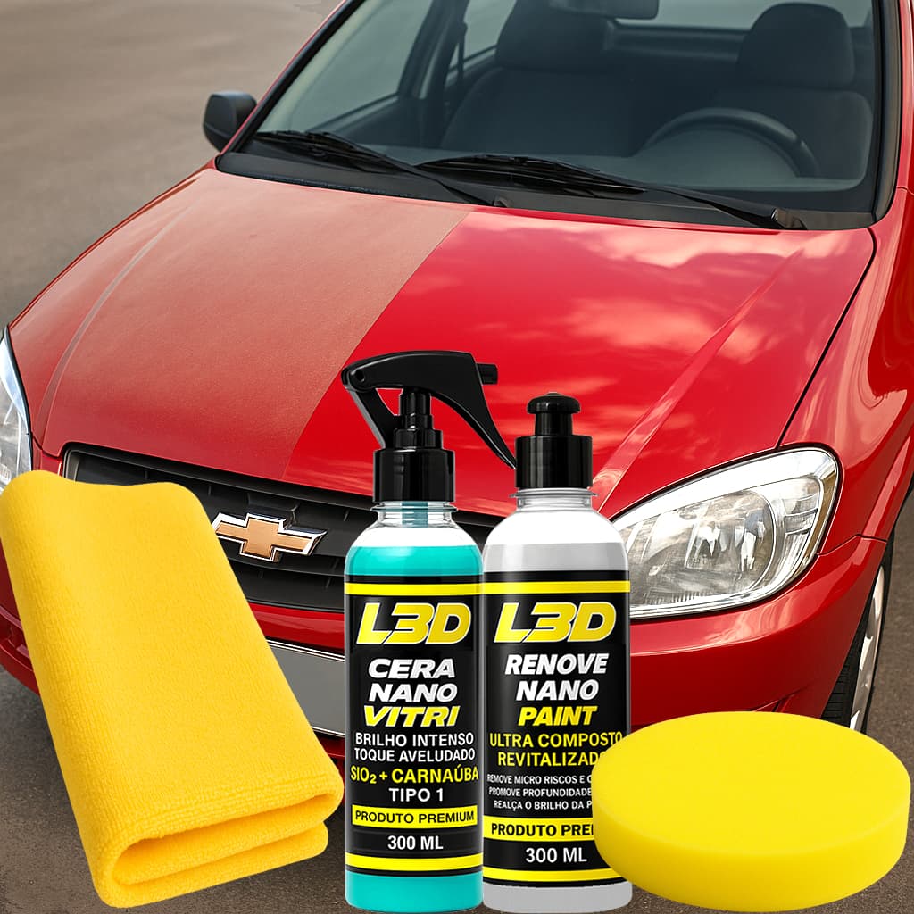 Kit Cera Automotiva L3D Nano Vitri Renove Nano Paint Brilho Espelhado Proteção  Renovação da Pintura