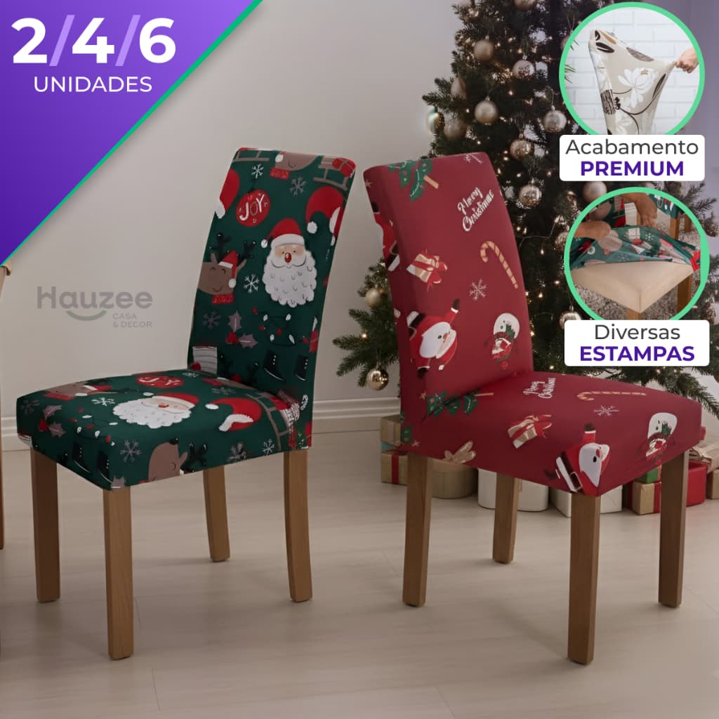 Kit Capa de Cadeira de Jantar Natal 2 4 6 Lugares | Tecido Elástico Importado Resistente Acabamento Papai Noel Natalino