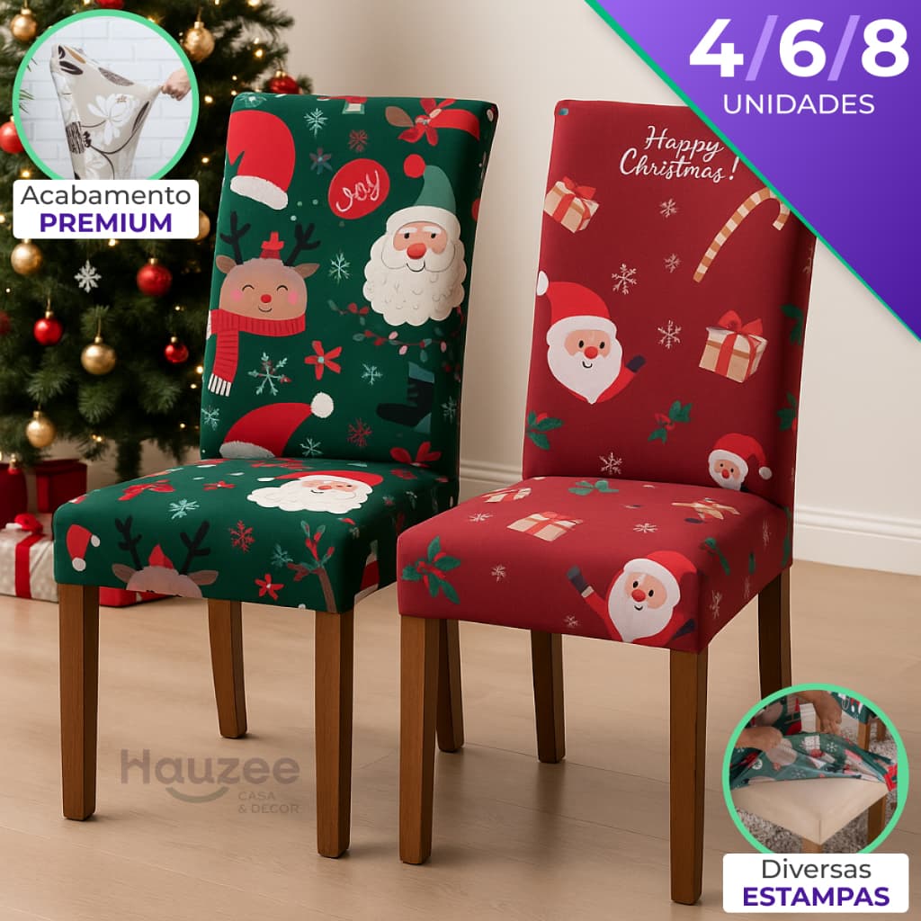 Capa de Cadeira Natalina Tecido Resistente | 2 4 6 Lugares Mesa Jantar | Kit Decoração Natal Casa Acabamento Reforçado