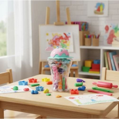 kit 16 Peças Massinhas de Modelar com Moldes e Copo que vira Cofre Festas Lembrancinhas Aniversários