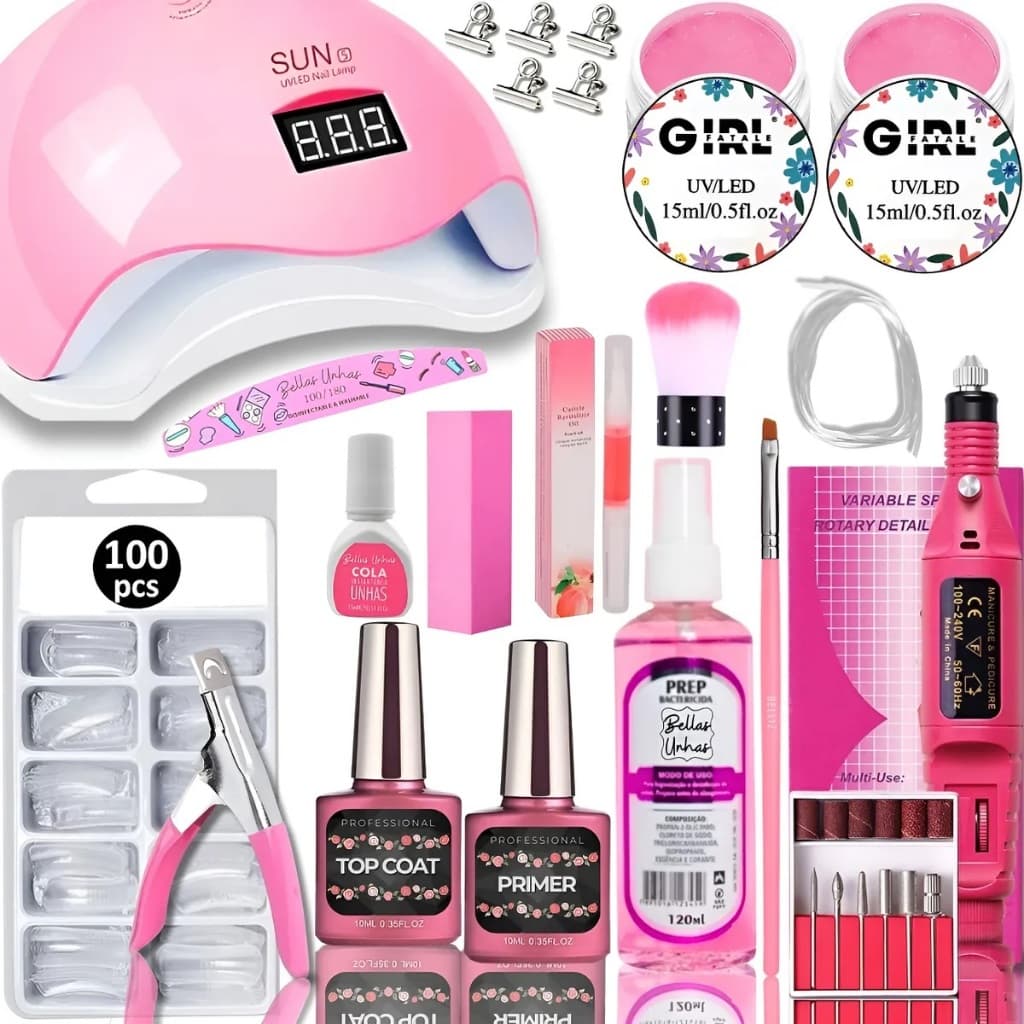 Kit Alongamento de Unha em Gel Manicure Acrigel Cabine Sun 5 Led + Lixadeira Elétrica e Acessórios - Envio Rápido