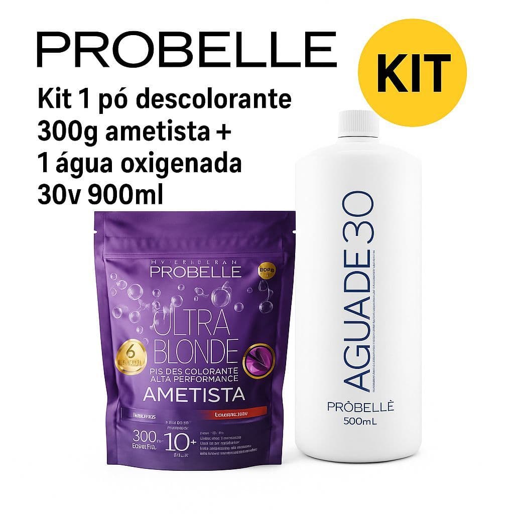 Kit Água Oxigenada 30V 900ml+ Pó Descolorante Ametista 300g Probelle