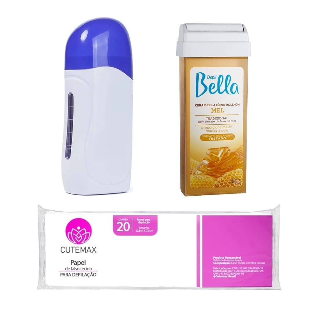 Kit Aquecedor Roll On Depil 1 Cera Mel Depil Bella 20 Folhas Depilador Elétrico Depilação