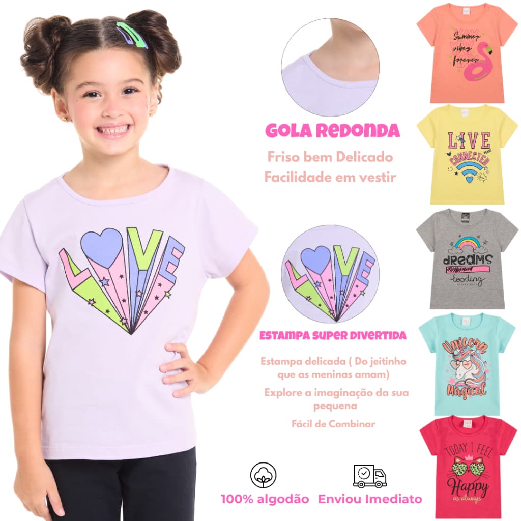Kit 4 Camisetas Infantil Manga Curta em Meia Malha 100% Algodão 2 ao 8 anos