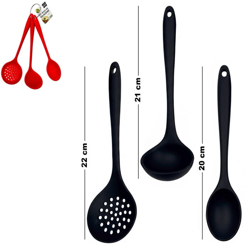 KIT COM 3 UTENSILIOS ESCUMADEIRA / COLHER / CONCHA DE SILICONE 22/21/20CM