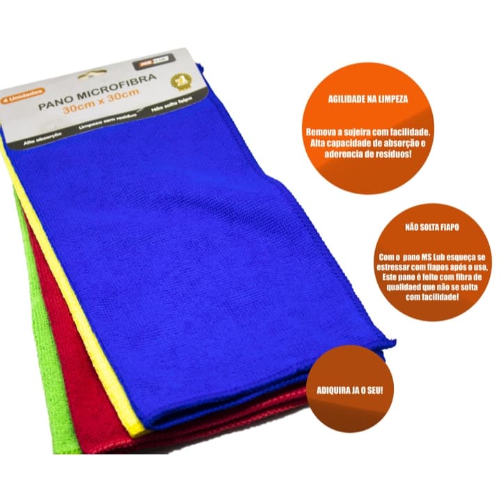 Kit 4 Panos Microfibra Mslub 30x30cm Limpa Resíduos Ideal Para Sua Casa e Seu Veículo