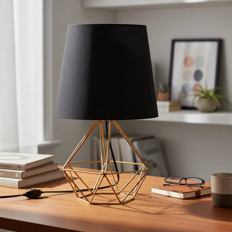 Abajur Luminária de Mesa Base Diamante Aramado C/ Cúpula Tecido Bivolt