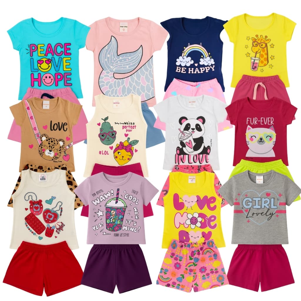 Kit com 2 ou 10 Peças Menina Conjunto Verão Bebê Infantil Calor Conjuntos Blusa + Short 1 a 8 anos