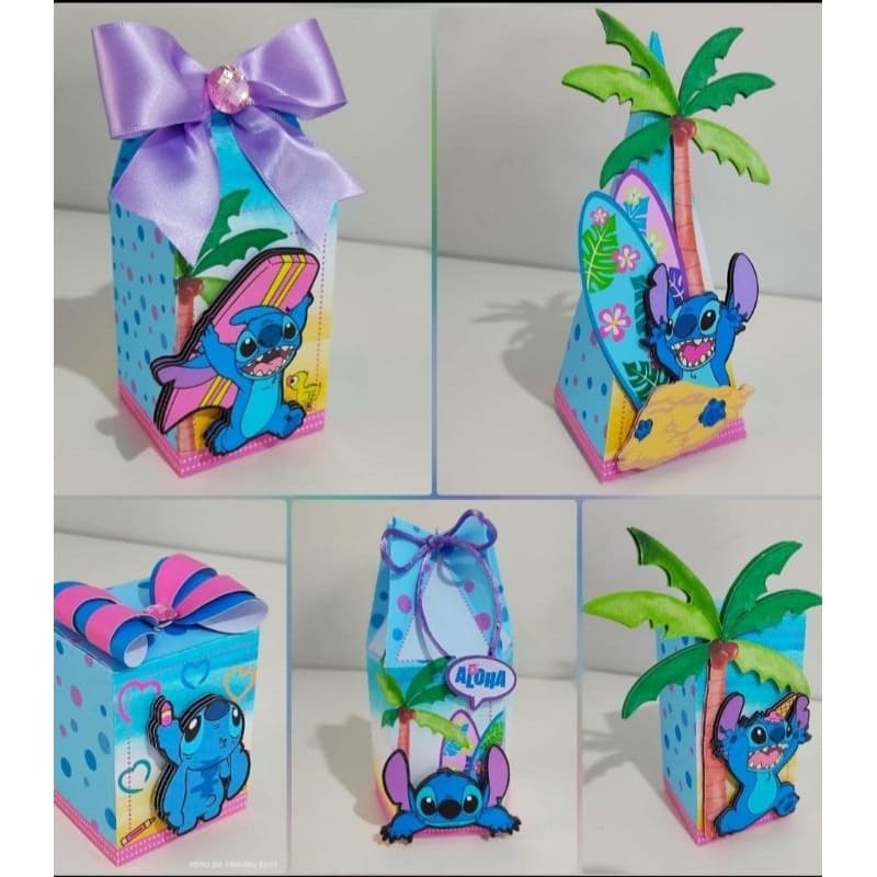 Kit Festa Lilo Stitch Personalizado Detalhes 3D Praia Tropical Aloha Caixa Lembrancinha Criança Azul Lilás Rosa Verde