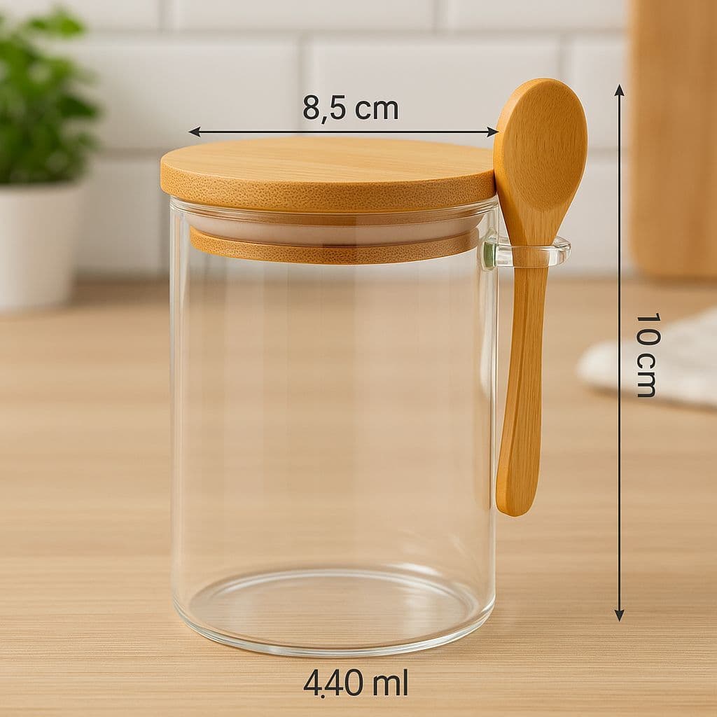 Pote De Vidro Redondo + Colher E Tampa Hermética Bambu 440ml 550ml 750ml 970ml kits
