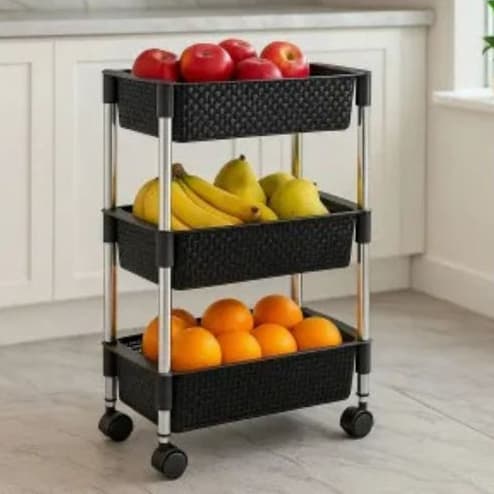 Fruteira de chão retangular Rattan Organizador 3 andares multiuso