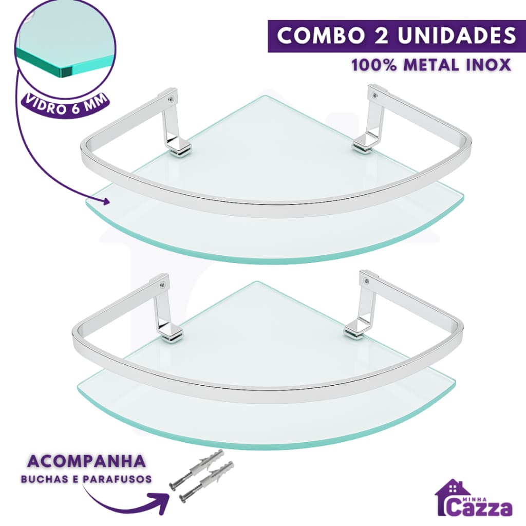 Kit 02 Porta Shampoo Suporte De Banheiro Shampoo Canto Vidro 6mm Modelo Exclusivo Cromado