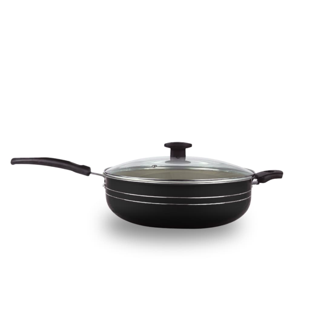 Frigideira Wok Antiaderente com dupla linhas pratas cabo reto + Tampa de Vidro.
