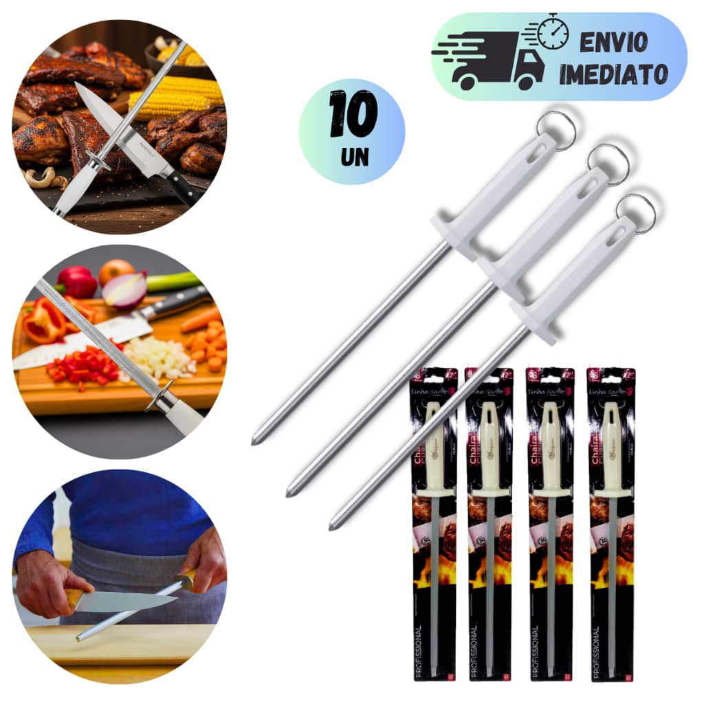 KIT 10 CHAIRA AMOLADOR DE FACA INOX AFIADOR COM ARGOLA E CABO ERGONOMICO