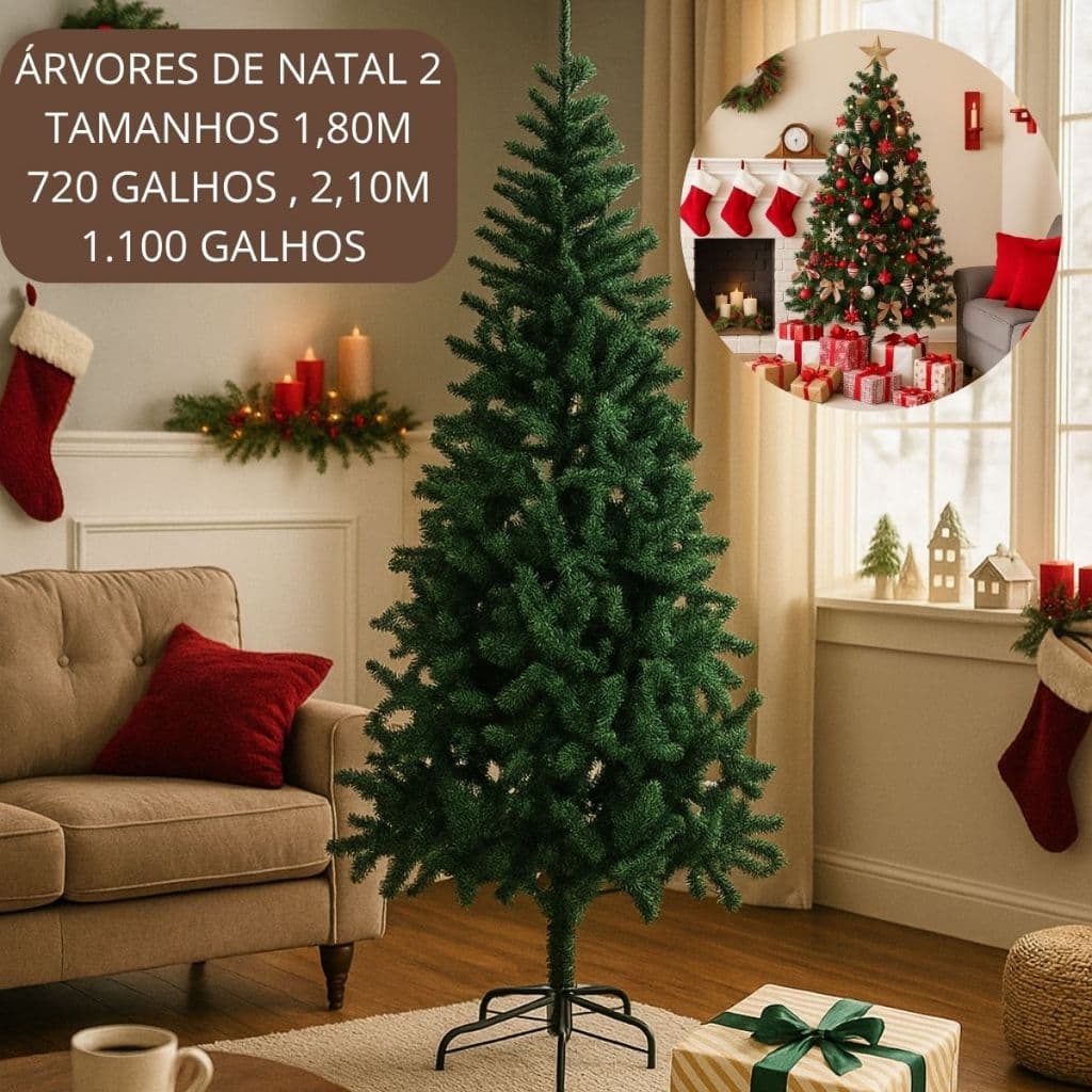Árvores De Natal Pinheiro Dois Tamanhos 1,80m 720 Galhos e 2,10m 1.100 Galhos Realistas - Verde