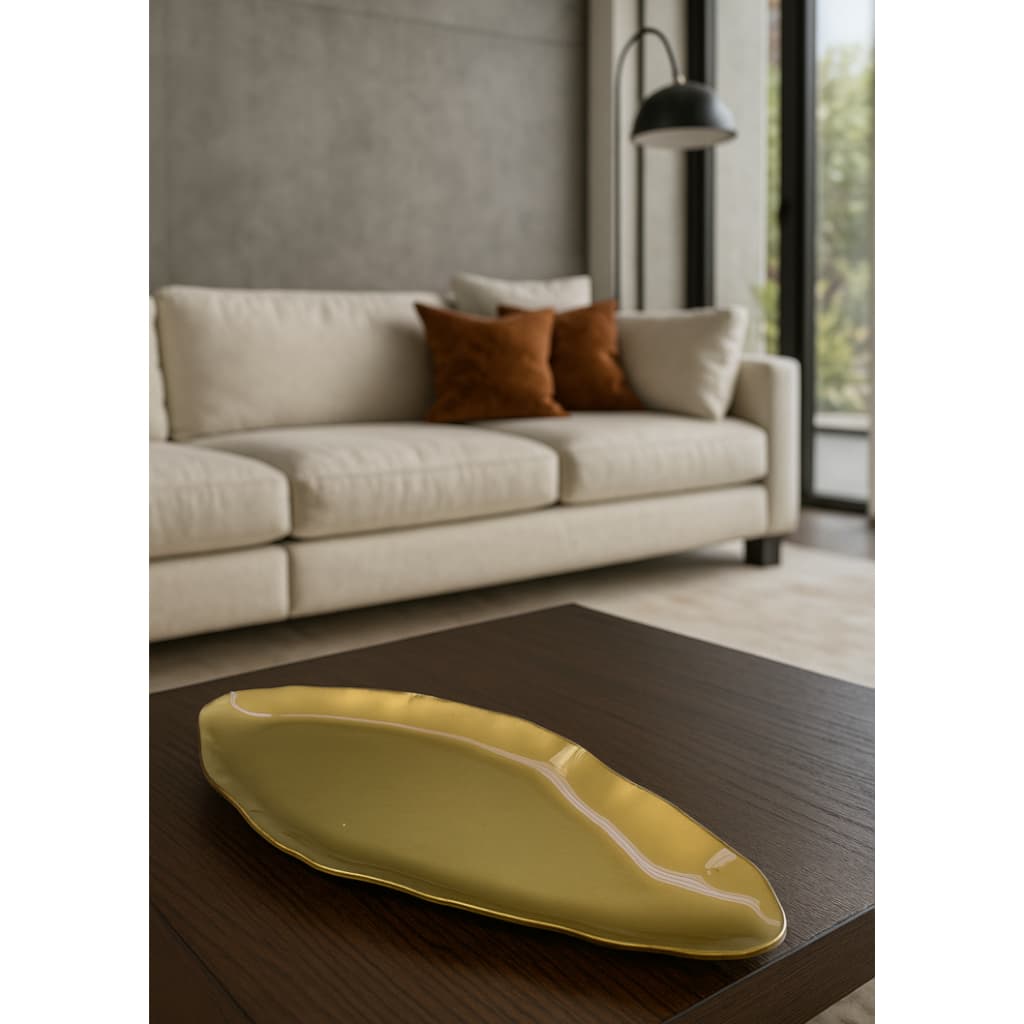 Base Orgânica curva Decorativa feita em vidro no formato de folha com 33x16x1,5cm
